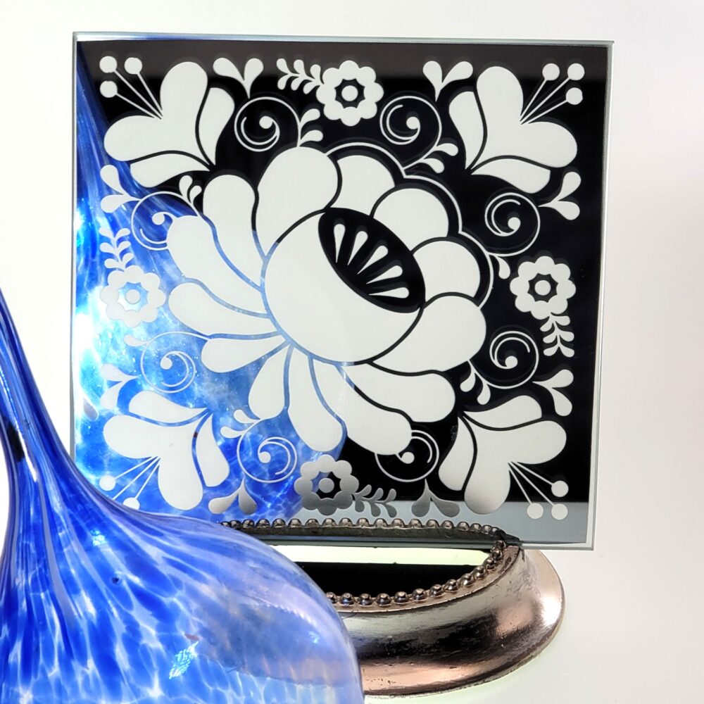 Etched Mirror Tile Flower Design