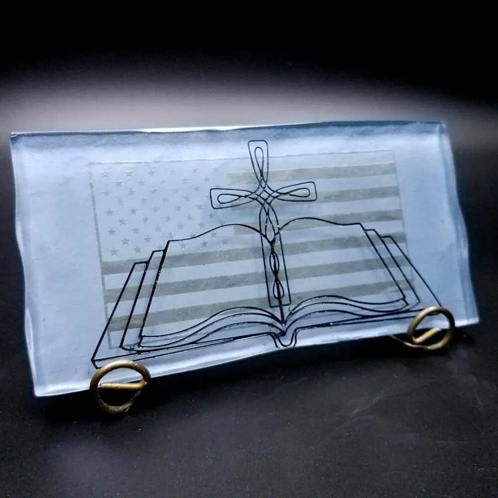 American Flag with Open Bible and Cross Etched Glass tile