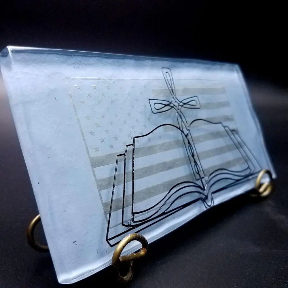 American Flag with Open Bible and Cross Etched Glass tile