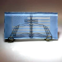 American Flag with Open Bible and Cross Etched Glass tile