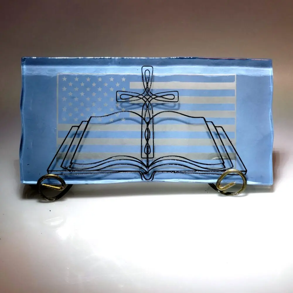 American Flag with Open Bible and Cross Etched Glass tile