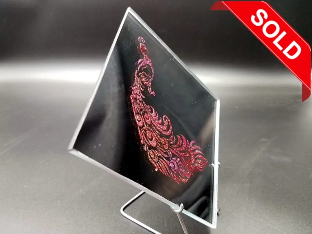 Etched Mirror Tile - Red Peacock
