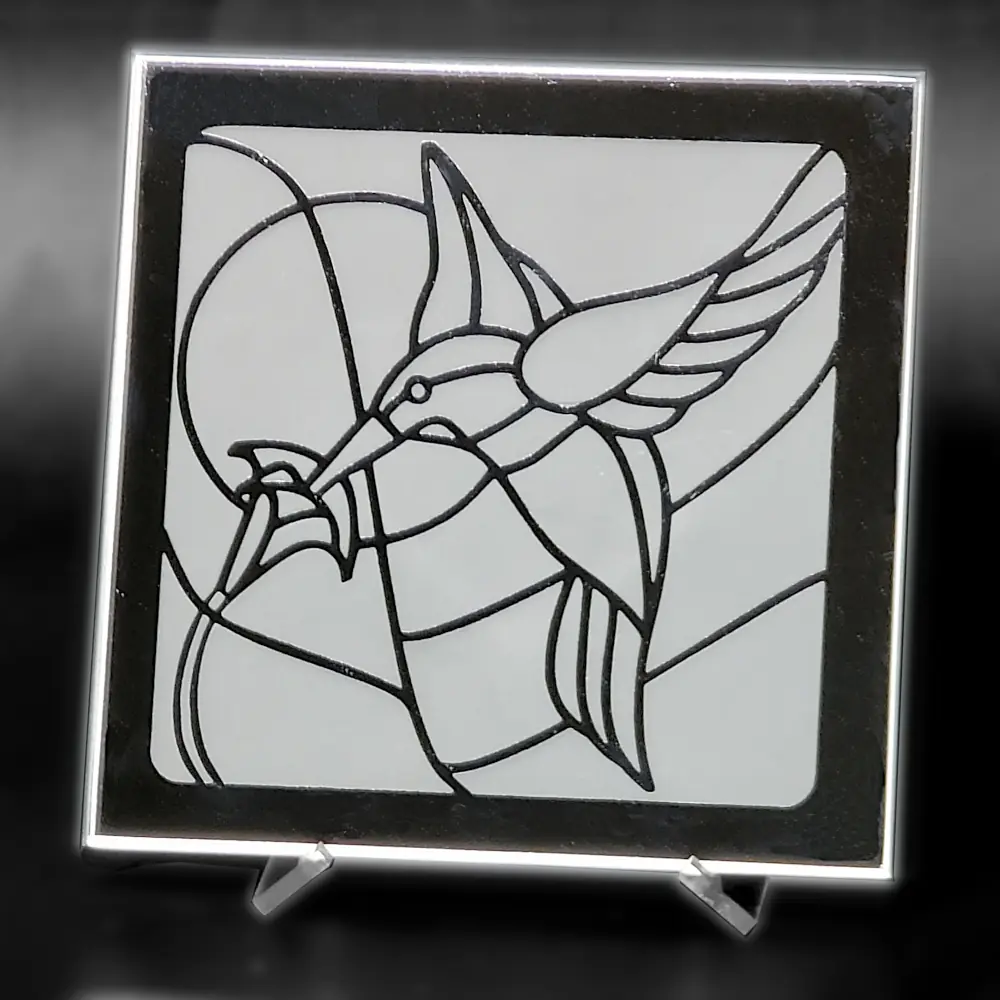 Hummingbird stained glass effect etched in square mirror - Image 4