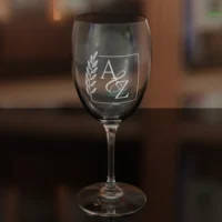 Wine Glass 8oz Square Leaf Monogram