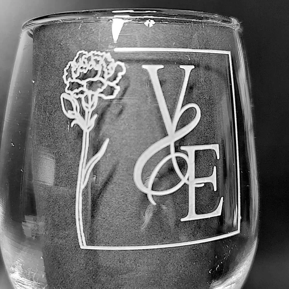 Vincient and Emily Wedding Wine Glass Closeup