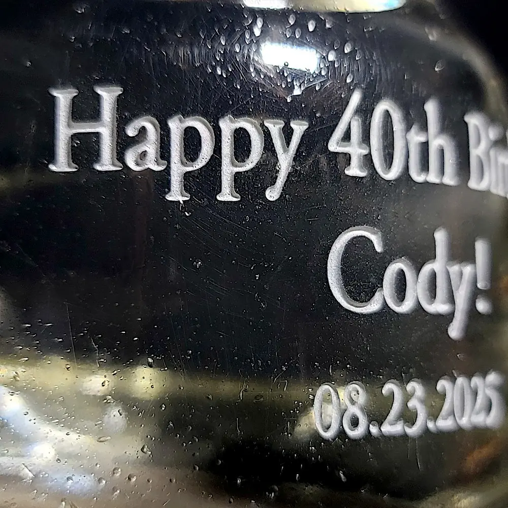 Happy 40th Birthday Cody Sand Carved on Tequila Bottle Closeup
