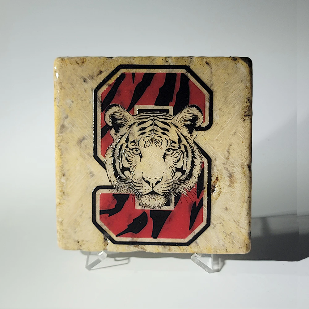 Travertine Stone Coaster - Slaton High School Logo with Tiger - Image 7