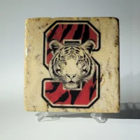 Travertine Stone Coaster - Slaton High School Logo with Tiger