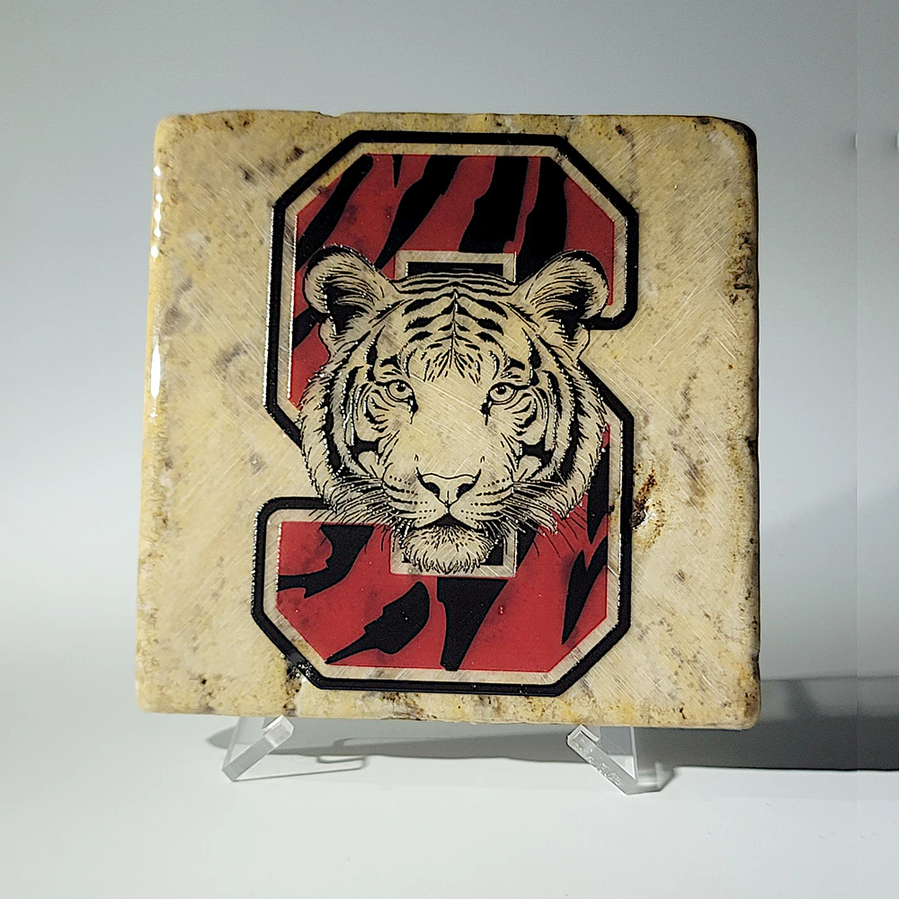Travertine Stone Coaster - Slaton High School Logo with Tiger - Image 5