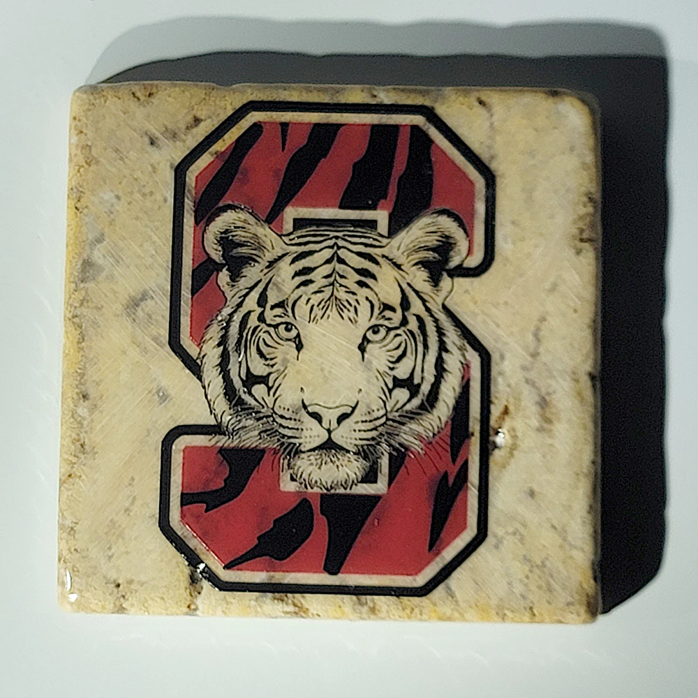 Travertine Stone Coaster - Slaton High School Logo with Tiger - Image 4