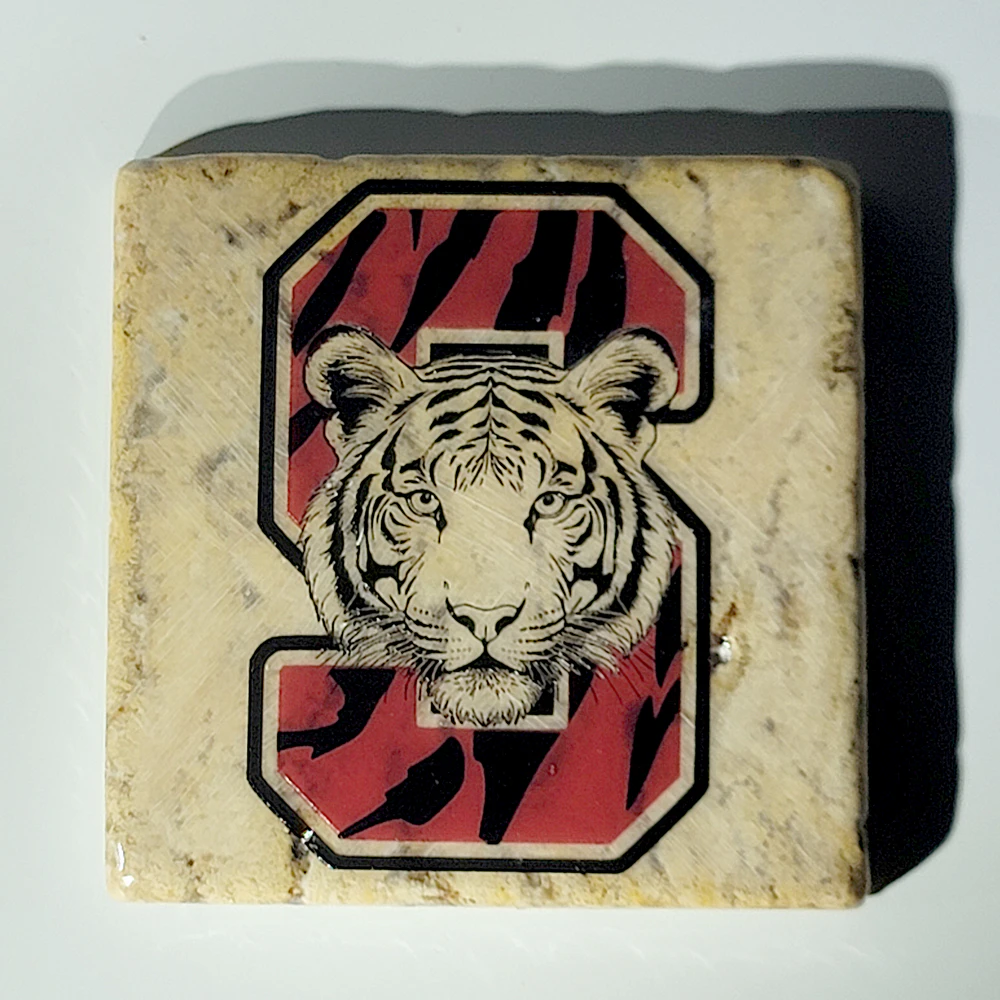 Travertine Stone Coaster - Slaton High School Logo with Tiger - Image 3