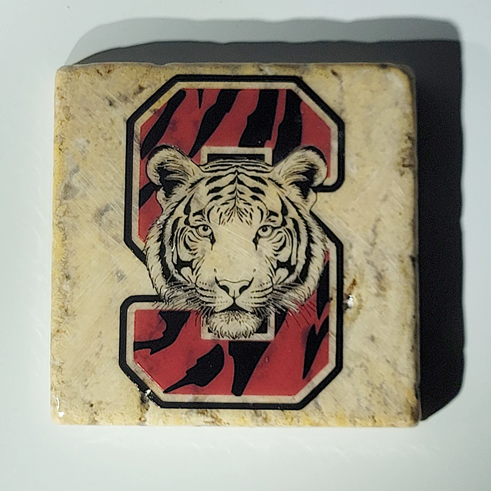 Travertine Stone Coaster - Slaton High School Logo with Tiger - Image 2