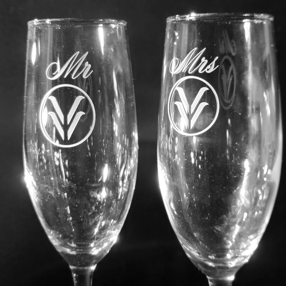 Valverde Brand with Mr and Mrs on Champagne Flutes