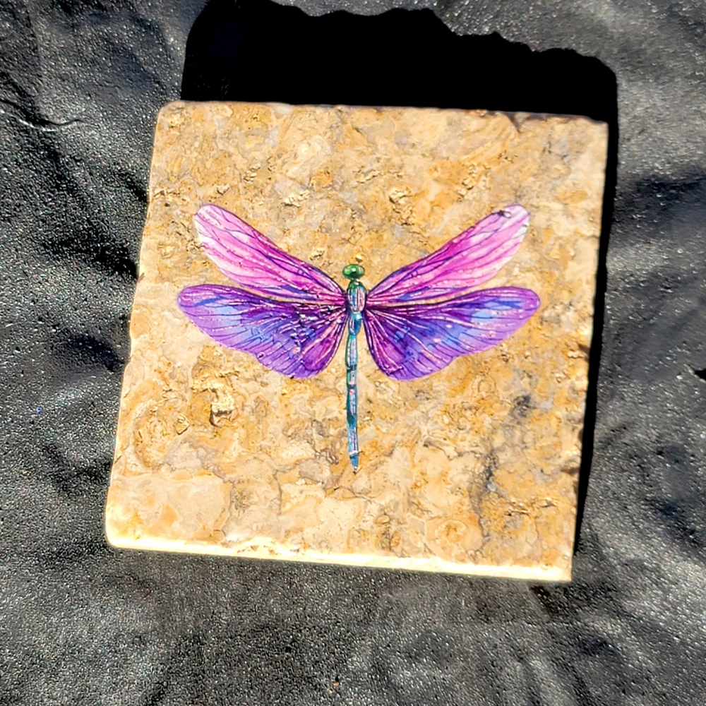 Travertine Stone Coaster - Watercolor Dragonfly - Image 3