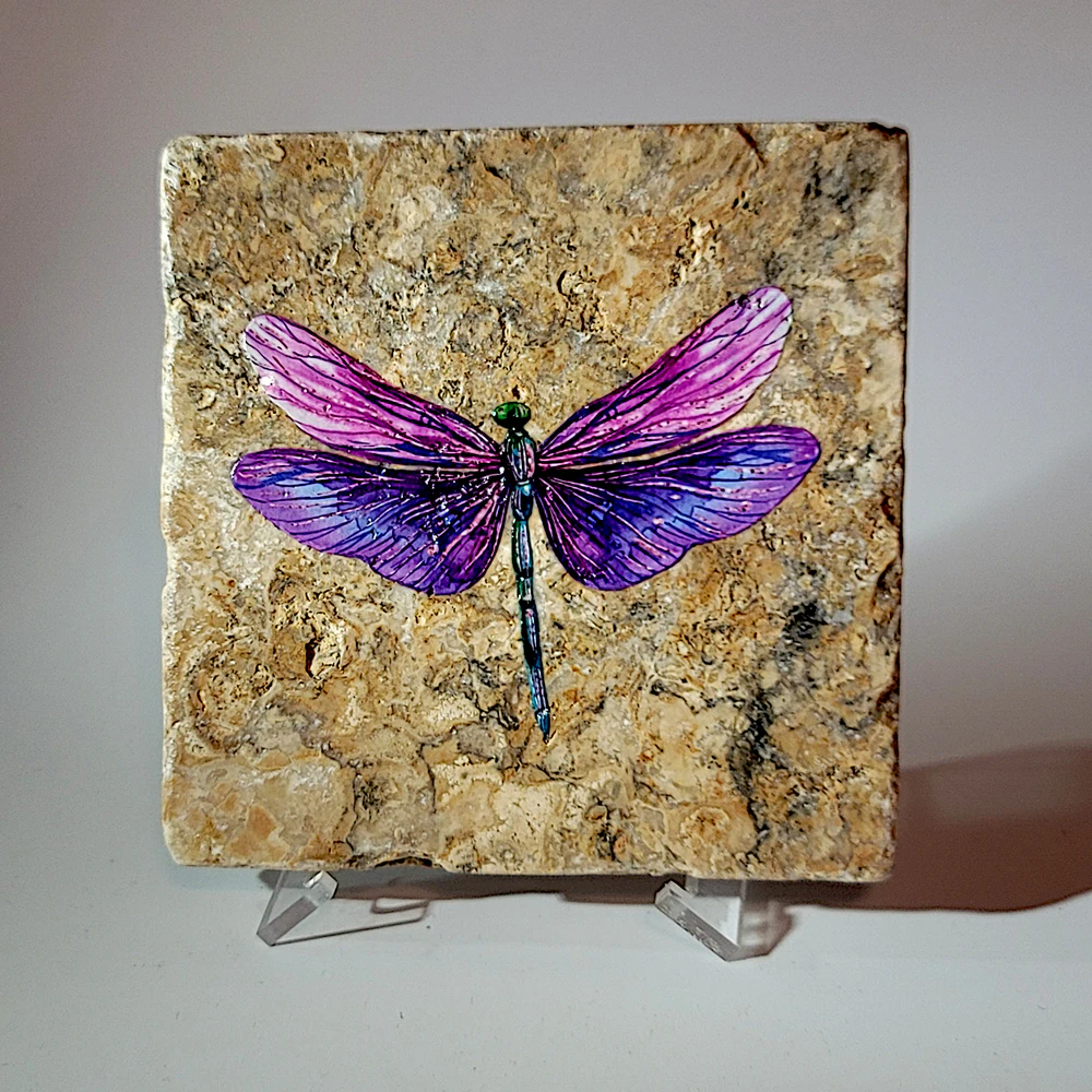 Travertine Stone Coaster - Watercolor Dragonfly - Image 2