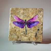 Travertine Stone Coaster - Watercolor Dragonfly