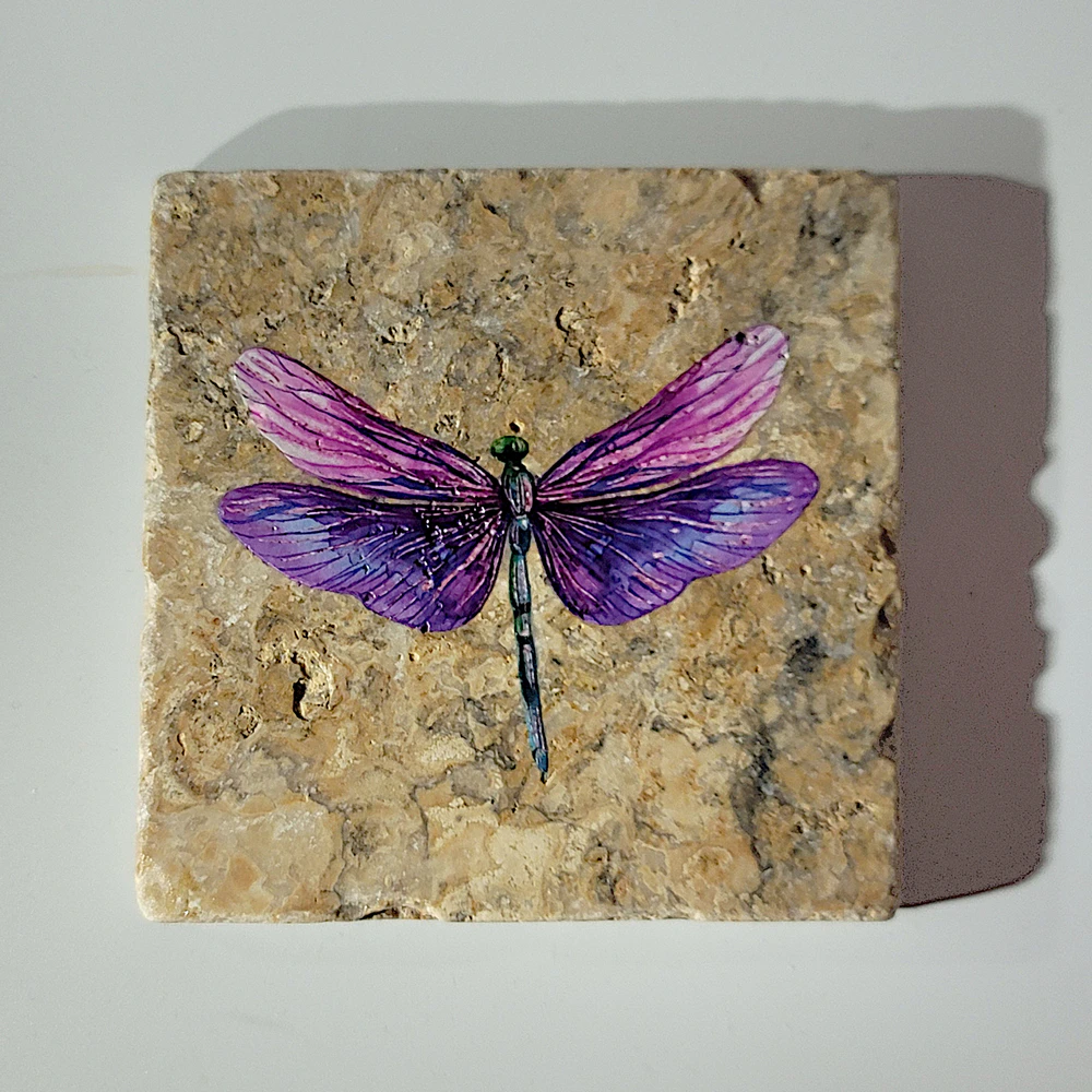Travertine Stone Coaster - Watercolor Dragonfly - Image 4