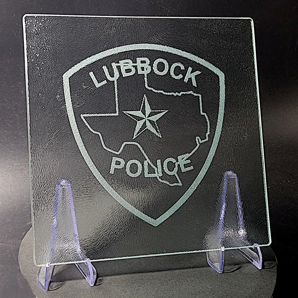 Sand-Carved Glass Cutting Board - Lubbock Police Department Patch - Image 4