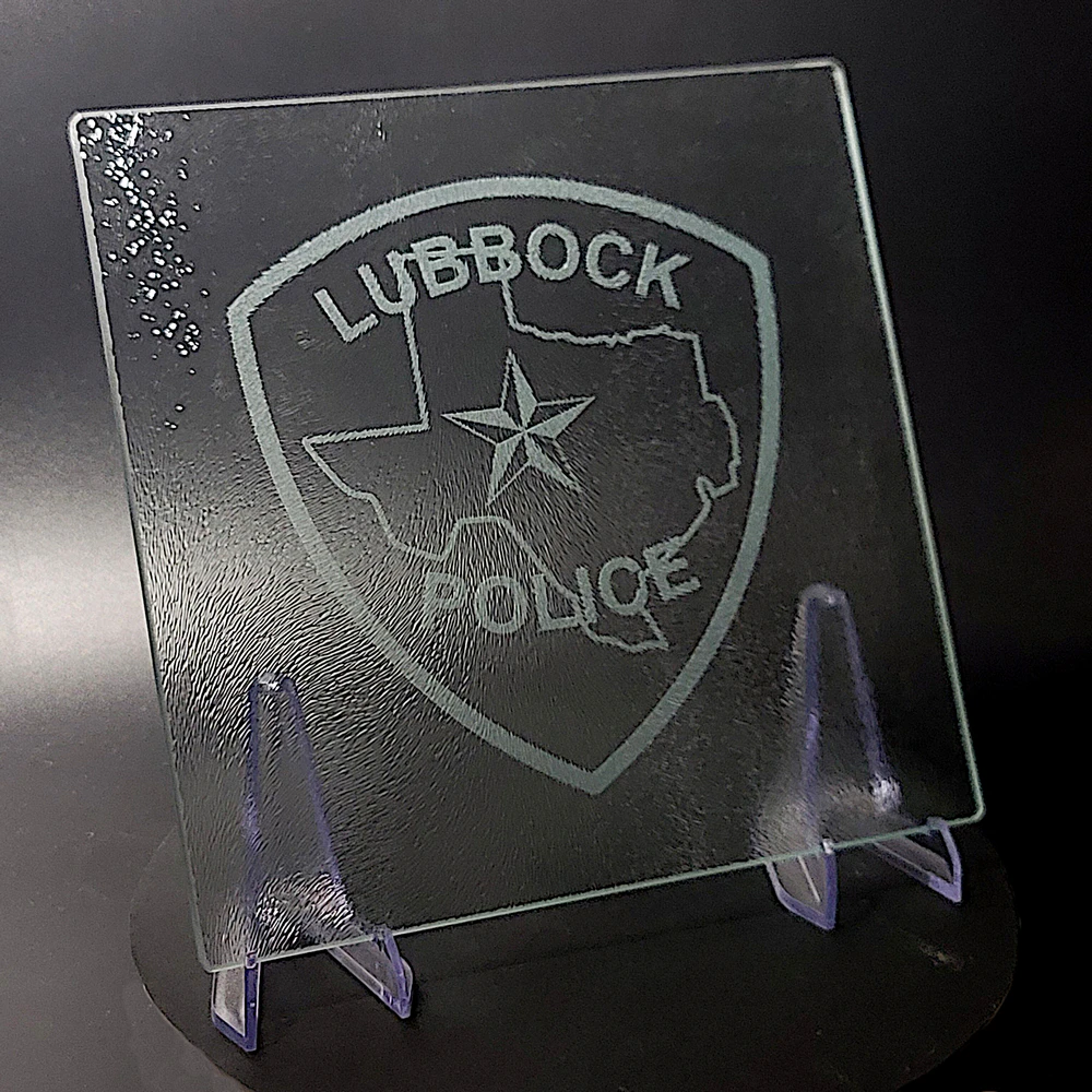 Sand-Carved Glass Cutting Board - Lubbock Police Department Patch - Image 2