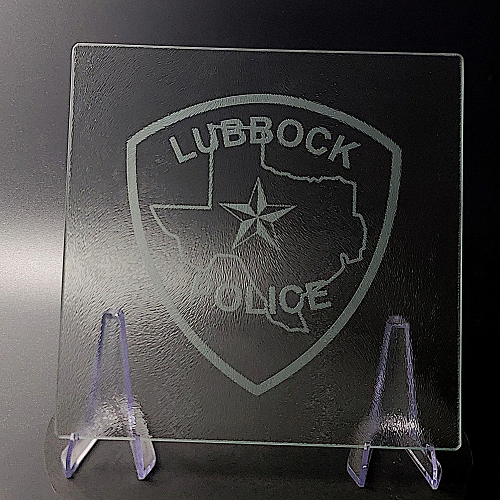 Sand-Carved Glass Cutting Board - Lubbock Police Department Patch