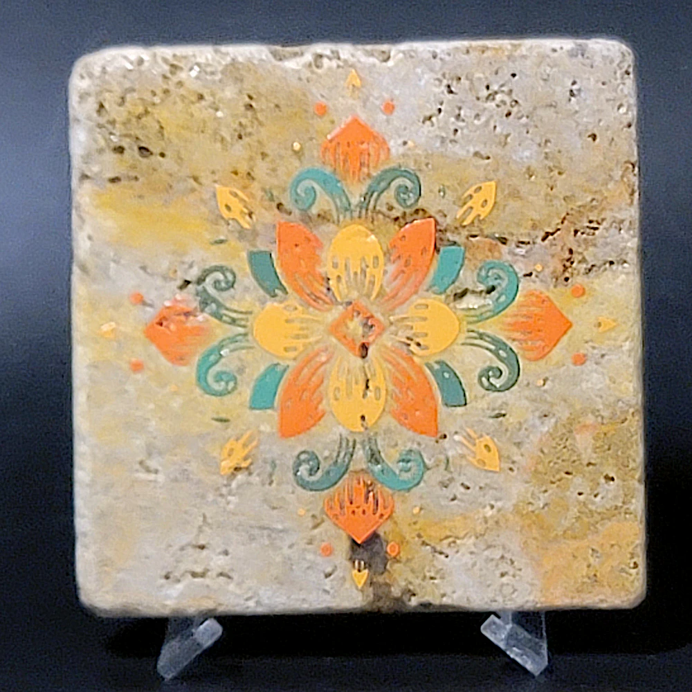 Travertine Stone Coaster - Colorful Mandala #8 - Image 3