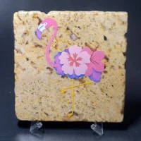 Travertine Stone Coaster - Flamingo with Hibiscus