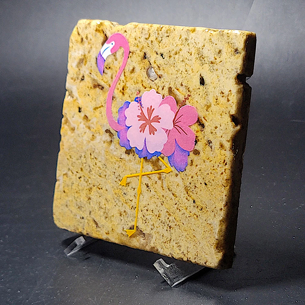 Travertine Stone Coaster - Flamingo with Hibiscus - Image 2