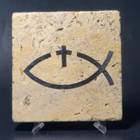 Travertine Stone Coaster - Fish and Cross